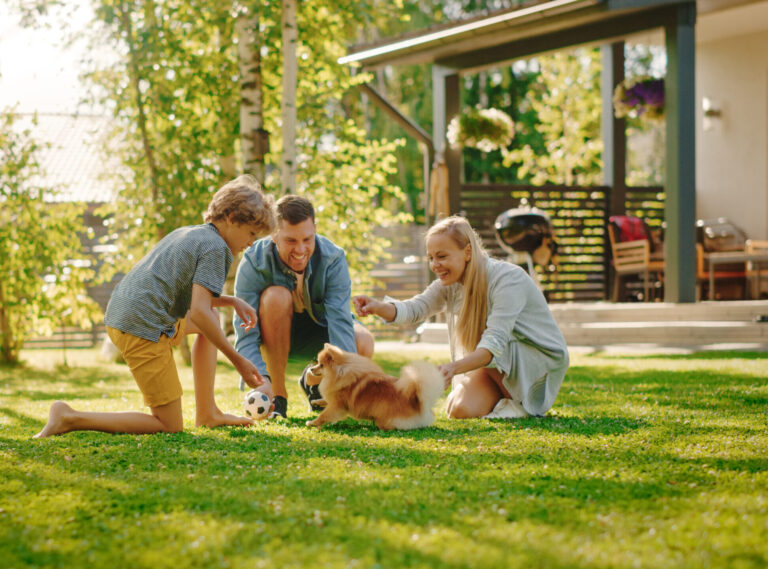 A family enjoying a lush, green, pest-free lawn with their dog in Plano, TX