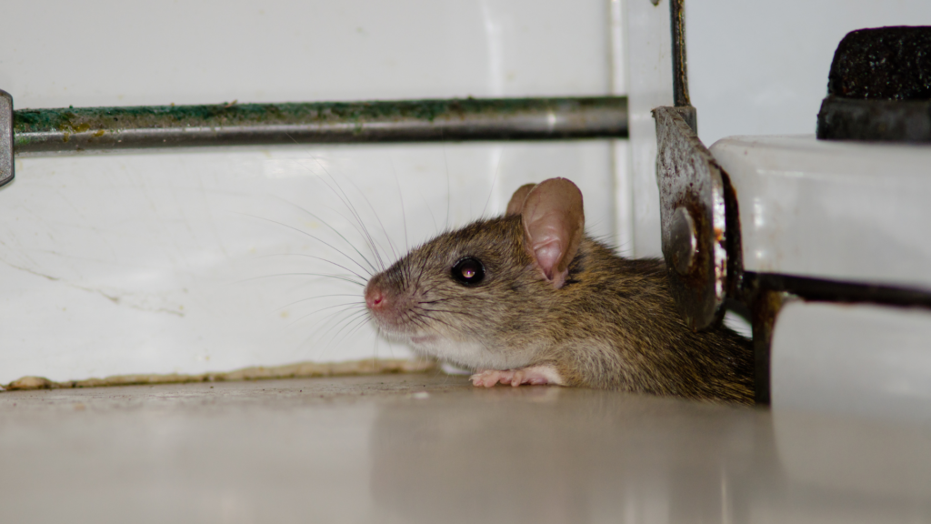 A close-up of a brown rat peeking out from behind a stove in a kitchen.