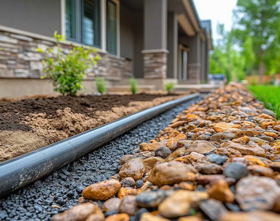 A clean french drain on the perimeter of a home that is hidden by a rock garden